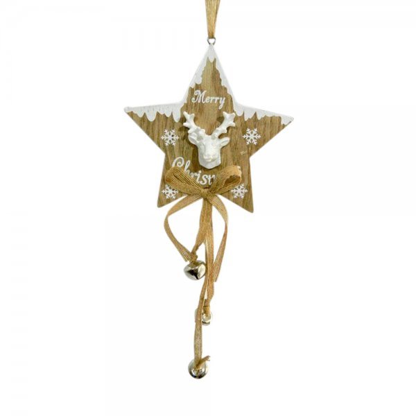 Χριστουγεννιάτικο Κρεμαστό Ξύλινο Αστέρι, με Κεραμικό Τάρανδο και Κουδουνάκια (40cm)